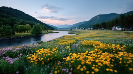 Lush Meadow with Vibrant Yellow Flowers Along Riverbanks Under Tranquil Evening Sky at Foothills of Verdant Green Mountain Range