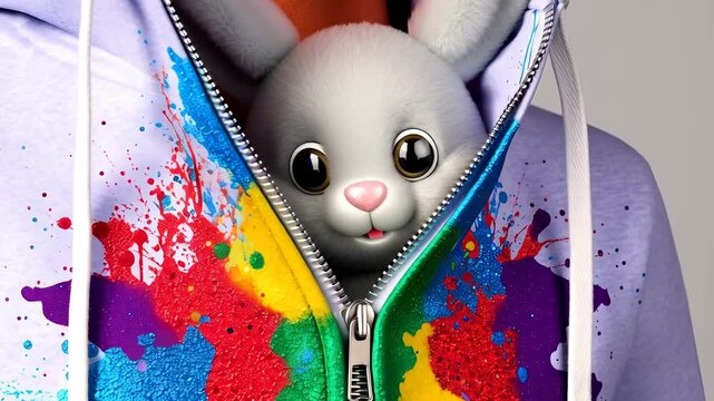 Cute cartoon rabbit with big eyes peeking out from colorful hoodie with rainbow paint splashes. fun, playfulness and modern street style. Adorable bunny character hiding inside zipper sweatshirt