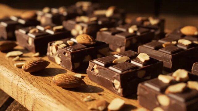 Close-up of homemade dark chocolate fudge squares with whole and chopped almonds on a rustic wooden cutting board, bathed in warm light.