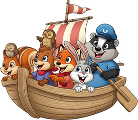 group of cute cartoon animals on a boat isolated on transparent background