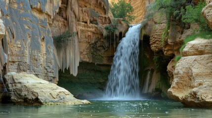 Natural Waterfall Wonders: Flowing Streams, Forested Mountains, and Moss-Covered Rocks in Outdoor Landscapes
