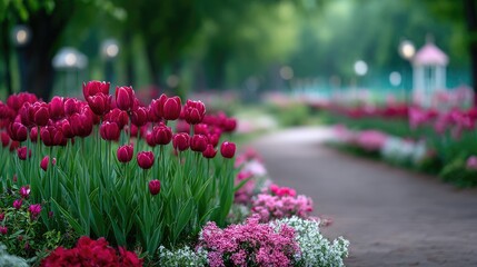 Lush Red Tulips in a Verdant Garden Pathway with Bokeh Lights and Floral Ambiance