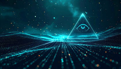 Neon Pyramid Rising from Particle Waves &mdash; Futuristic Tech Background. Data flowing for AGI. Futuristic abstract artwork featuring a glowing neon-teal pyramid emerging from shimmering particle waves