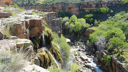 Natural Waterfall Wonders: Flowing Streams, Forested Mountains, and Moss-Covered Rocks in Outdoor Landscapes