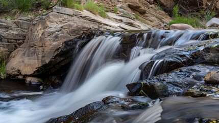 Natural Waterfall Wonders: Flowing Streams, Forested Mountains, and Moss-Covered Rocks in Outdoor Landscapes