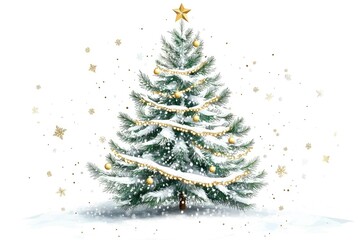 Fototapeta premium Festive christmas tree with snow, ornaments, and lights holiday season celebration art