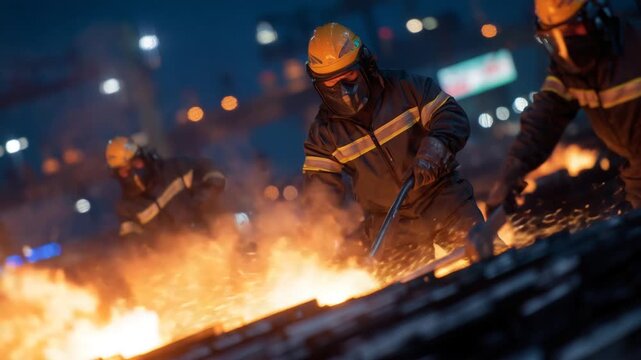 Industrial workers in safety gear meticulously clean hot steel rollers amidst dramatic sparks and smoke.