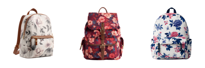 Set of Modern small fashion backpack in soft leather texture on transparent png background. Ai generated