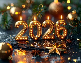 Fototapeta na wymiar Palące się złote świece w kształcie cyfr tworzące napis 2026 otoczony bombkami, szyszkami, gwiazdami i gałązkami świerku. Sylwester, Nowy Rok