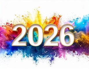 Fototapeta na wymiar Biały napis 2026 na tle rozprysku kolorowej farby. Sylwester, Nowy Rok