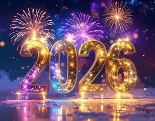 Golden inscription 2026 against the background of the night sky with fireworks