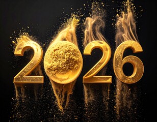 Fototapeta na wymiar Napis 2026 ze złotego piasku na czarnym tle