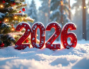 Trójwymiarowy, czerwony napis 2026 na śniegu obok choinki. Sylwester, Nowy Rok