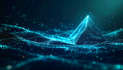 Neon-Teal Pyramid Rising from Particle Data Waves &mdash; Abstract Visualization of Generative AI, Neural Flow, and Model Training for Modern Tech Branding