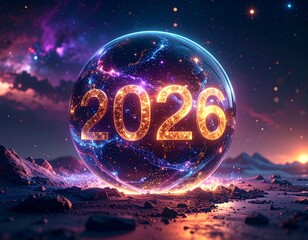 A ball with the inscription 2026. New Year's Eve background. Earth, globe, planet