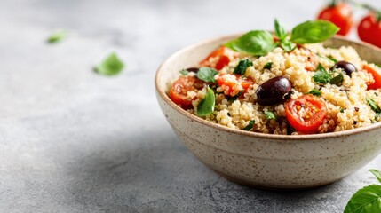 A healthy and colorful couscous salad in a ceramic bowl, adorned with fresh basil and cherry tomatoes