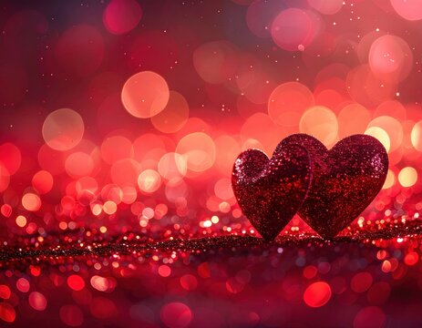 Two red glitter hearts on a red glittery surface with bokeh lights in the background.