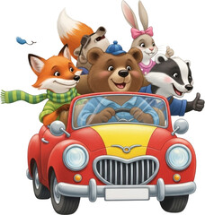 adventure of a group of cheerful and excited jungle animals driving a bright red and yellow vintage car filled with picnic baskets isolated on transparent background