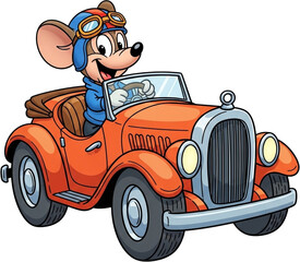A cheerful cartoon mouse driving a vintage red car isolated on a transparent background.