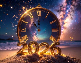 Złoty napis 2026 obok zegara wskazującego północ.. W tle plaża, morze i rozgwieżdżone niebo © Monika