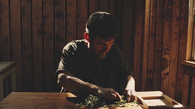man preparation herb on wood table. dim workshop light highlights process and trim. focused hand arranges leaf with careful concentration. functional portrait of craft and preparation. warm tone.