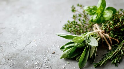 Fresh herbs are bundled together and arranged with salt, ready for cooking. The scene evokes freshness and purity. The herbs are displayed on a gray surface.