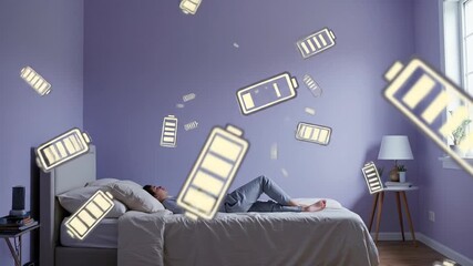 Person sleeping in bedroom with floating battery icons for energy