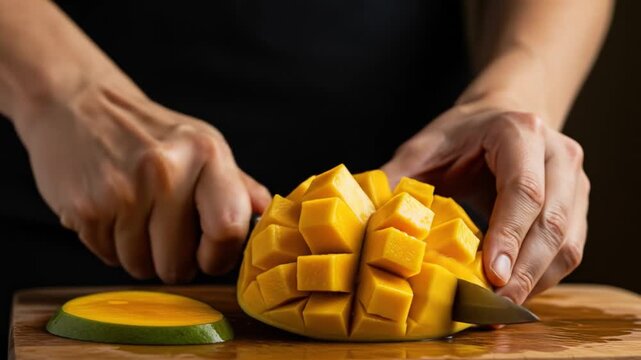Person slicing fresh mango on wooden board close up