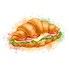 croissant filled with tomatoe lettuce cheese with water colour effect