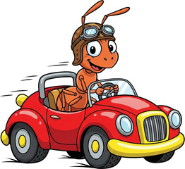 A cheerful cartoon ant wearing aviator glasses driving a car isolated on transparent background
