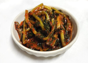 Korean Young Radish Kimchi (Yeolmu Kimchi) in White Ceramic Bowl, 한국식 열무김치 하얀 도자기 그릇