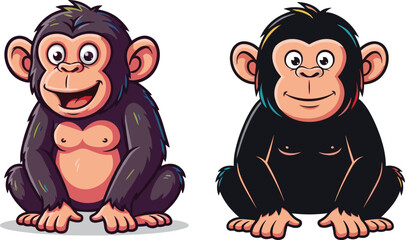 Cartoon chimpanzees with expressive faces and contrasting colors sitting side by side, playful animal vector illustration for stock content use