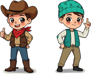 Cartoon Cowboy and Casual Winter Boy Characters in Distinct Outfits – Vector Illustration for Fashion, Seasonal, Educational, and Occupational Themes