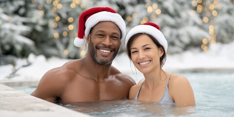 African American man and woman wearing Santa hats, smiling joyfully in a winter pool, outdoor hot tub surrounded by snow and festive lights, celebrating the holiday season with warmth and happiness
