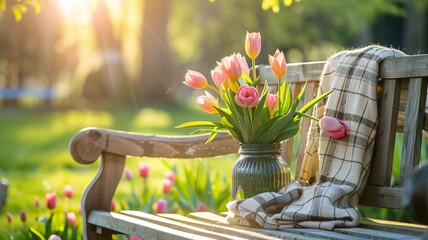 Vase of pink tulips and a plaid blanket rest on a wooden bench in a sunlit garden filled with blooming flowers. Spring easter mood banner.
