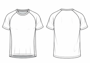 Front and back views of a blank white t-shirt illustrated in a simple line drawing style