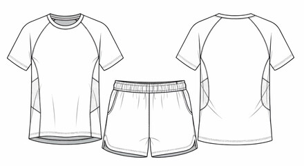 Line drawing of a t-shirt and shorts viewed from front and back on a white background