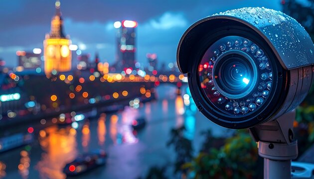 Security camera overlooking a city at night (1) - Powered by Adobe