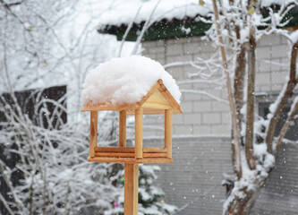 Wooden bird feeder in a snowy yard after a snowfall in winter.