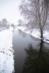 Oster River in the city of Nizhyn, Ukraine in winter. View from the Kerosene Bridge.