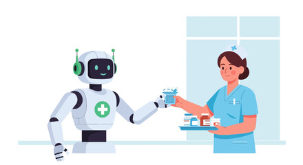 Nurse collaborating with a medical assistance robot to provide efficient patient care in a modern hospital setting, symbolizing the future of healthcare technology integration