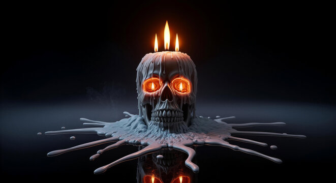 Creepy skull candle with glowing eyes and melting wax for Halloween decor