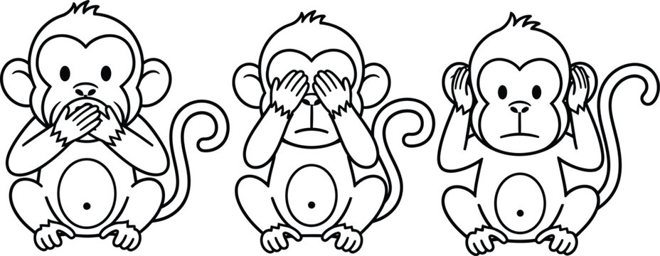 Three wise monkeys hear see speak no evil line art illustration