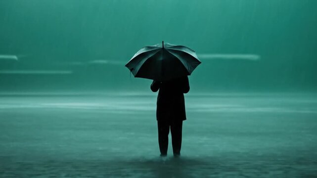 Person with umbrella standing in the rain against a teal background