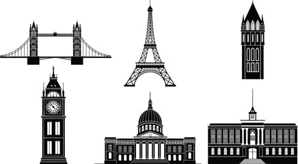 Obraz premium Black and white architectural landmark illustration featuring famous buildings and monuments, global city icons vector art, modern travel design