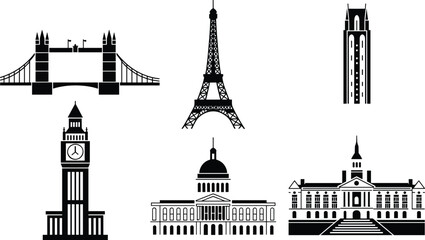 Black and white architectural landmark illustration featuring famous buildings and monuments, global city icons vector art, modern travel design