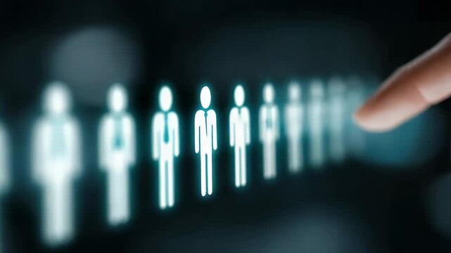 Hand Pointing at Glowing Figures Representing Job Candidates on Dark Background Featuring One Candidate with a Red Check Mark Selected
