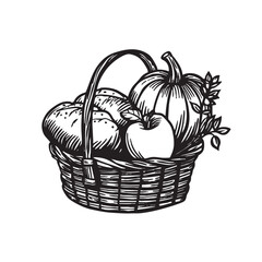 Fototapeta premium Monochrome drawing of a basket full of harvest produce.