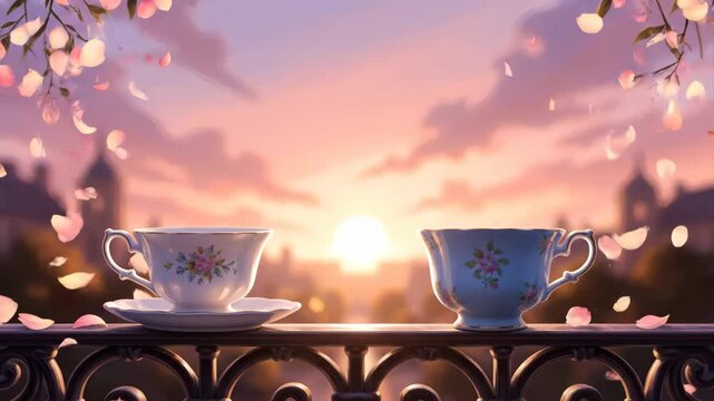 Teacups on Balcony at Sunset Over European City, With Petals Falling