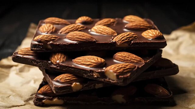 Delicious dark chocolate bars stacked with almonds on top, a perfect combination of flavors and textures for a sweet treat